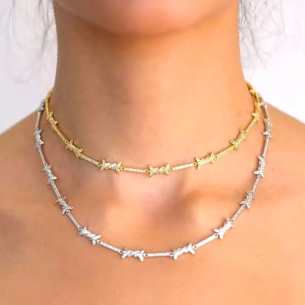 2023 Geometric CZ Bar Barbed Wire Charm Choker Necklace Bracelet 5A Cubic Zirconia Adjust Chain Fashion Girl Women Jewelry Sets