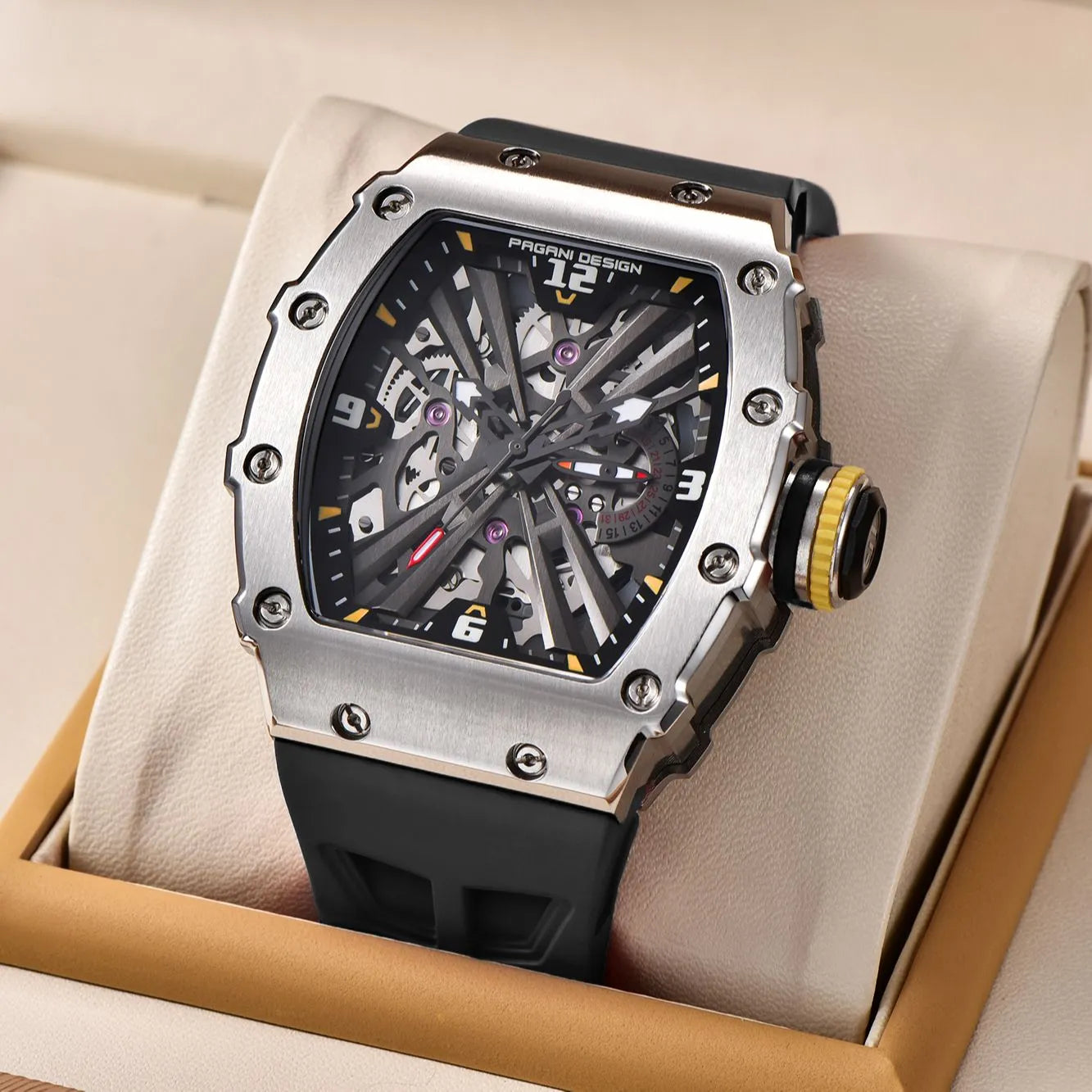 Pagani Design 2023 New Men's Quartz Watches VH65 Movt Skeleton Dial 100M Waterproof Sport Rectangle Sapphire glass Watch for Men