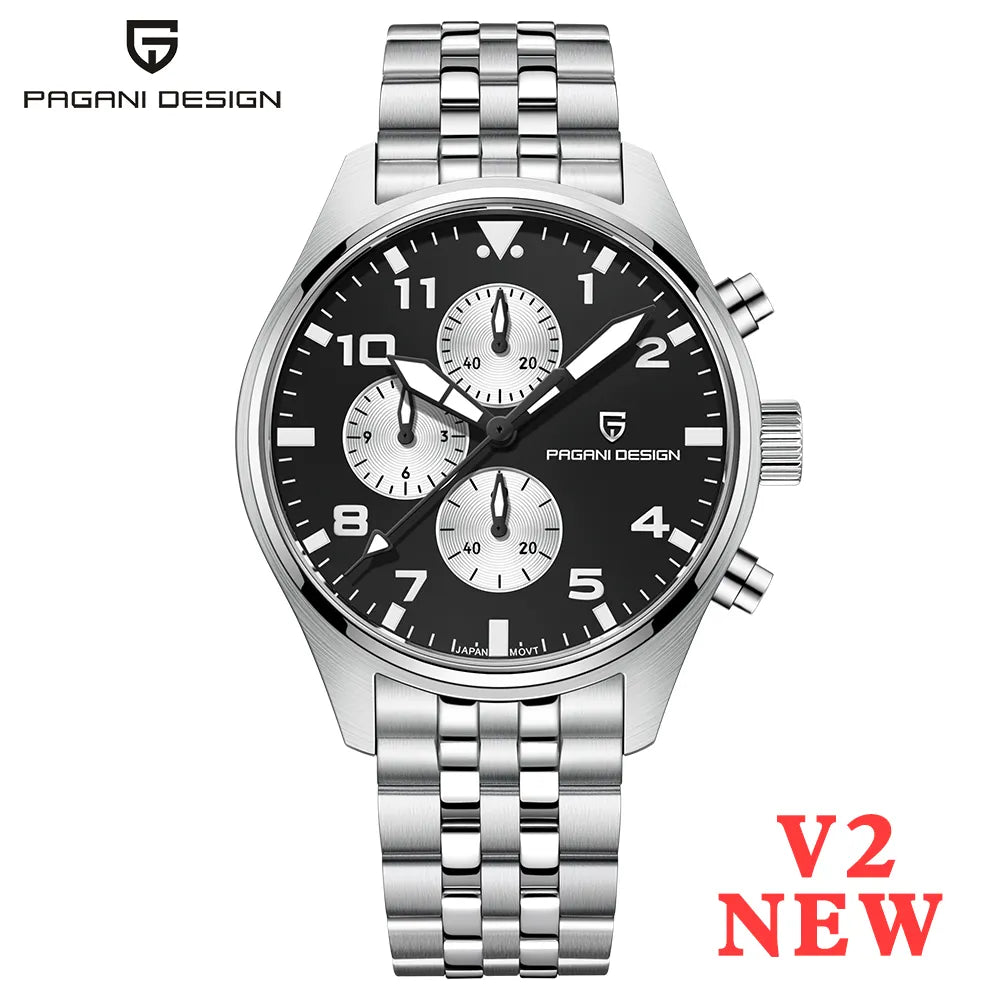 PAGANI DESIGN New V2 Luxury Men Quartz Watches 100M Waterproof Stainless Steel Chronograph Sapphire Glass Pilot Watch for Men